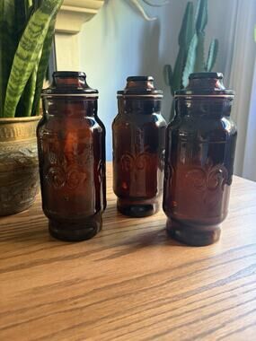 Vintage 1970s Borden Glass Apothecary Jar Dark Amber Brown Fleur de Lis Set Of 3